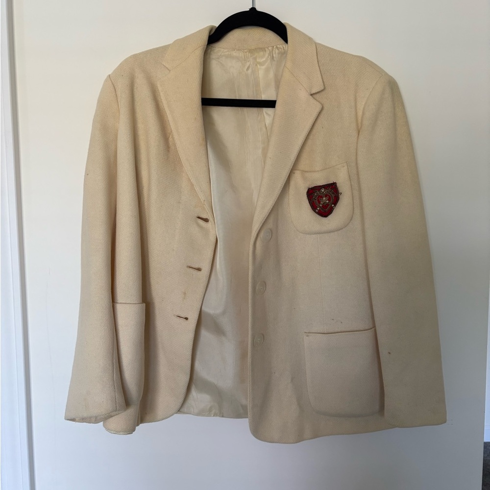 Vintage 70s Wool Cream Blazer with Embroidered Crest